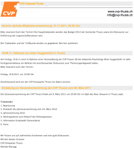 Der letzte Eintrag auf der offiziellen Webpräsenz der CVP Thusis weist auf einem Anlaß hin, der vor fast einem Jahr war. (Bildschirmfoto: 14.X.2012)