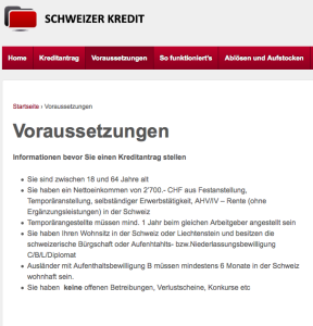 Bildschirmfotoausriß: Beispiel einer Kreditanbieterseite (Kredit Schweiz)